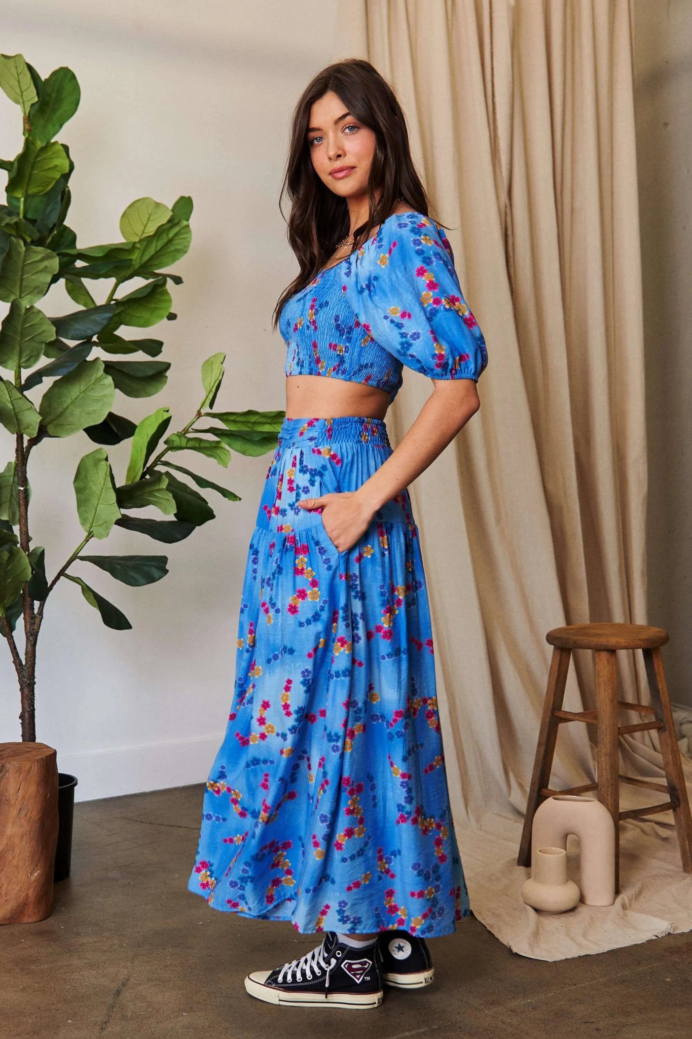 Davi & Dani Smocing Bodice Puff Short Sleeve Printed Crop Top - Bitsy Gypsy Boutique