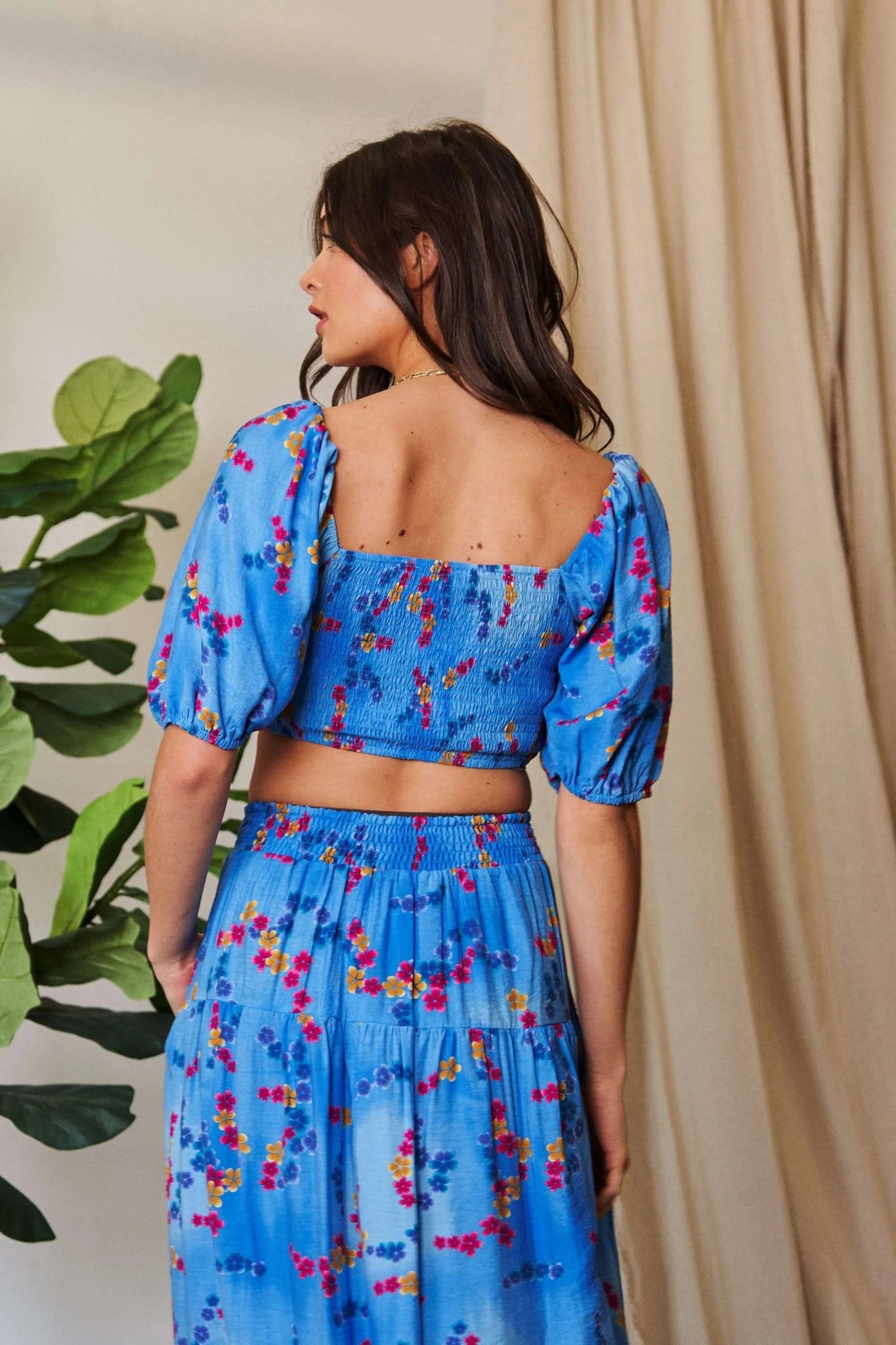 Davi & Dani Smocing Bodice Puff Short Sleeve Printed Crop Top - Bitsy Gypsy Boutique