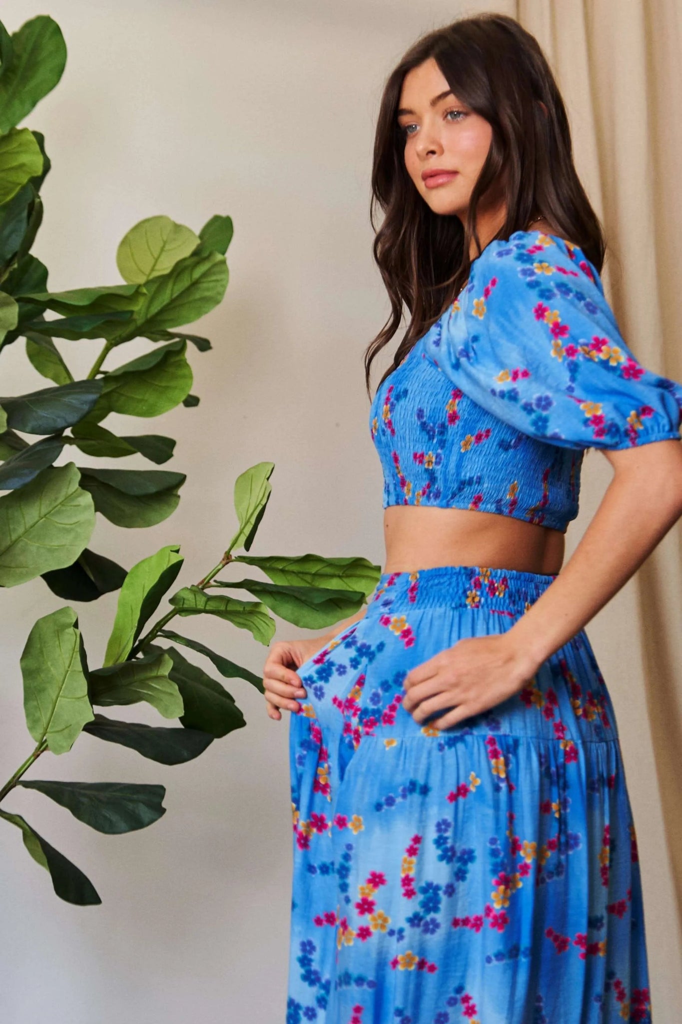 Davi & Dani Smocing Bodice Puff Short Sleeve Printed Crop Top - Bitsy Gypsy Boutique