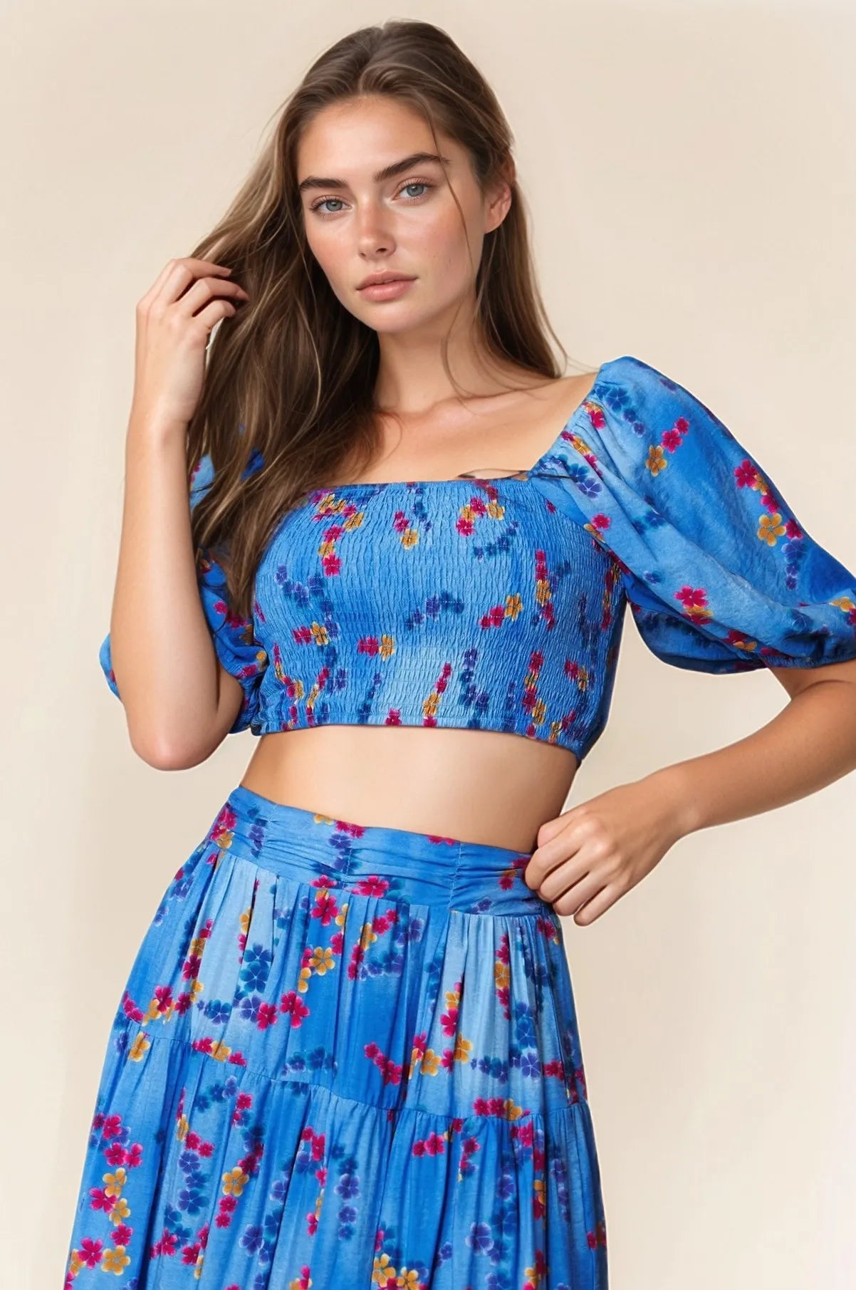 Davi & Dani Smocing Bodice Puff Short Sleeve Printed Crop Top - Bitsy Gypsy Boutique