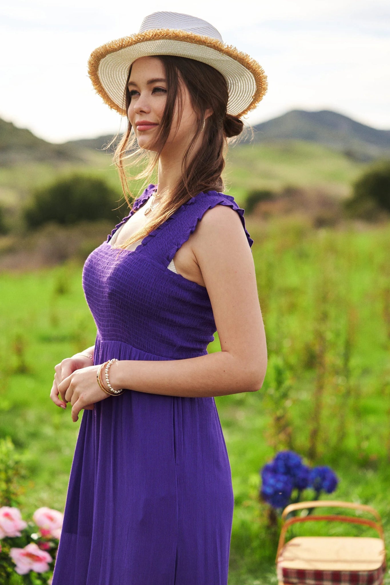 Davi & Dani Smocked Bodice Strap Ruffle Tie Belt Jumpsuit - Bitsy Gypsy Boutique