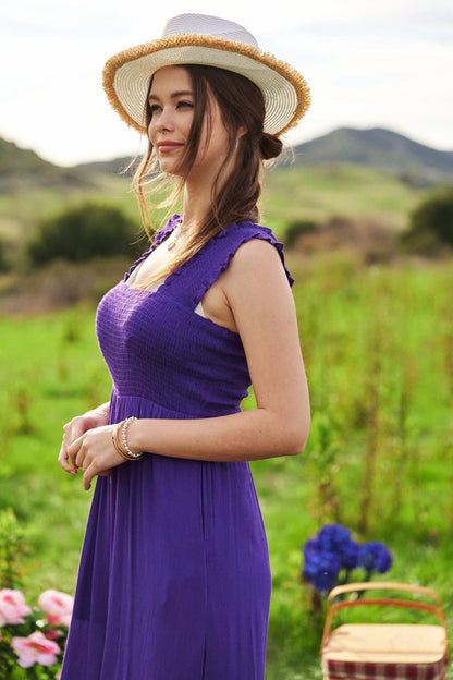 Davi & Dani Smocked Bodice Strap Ruffle Tie Belt Jumpsuit - Bitsy Gypsy Boutique