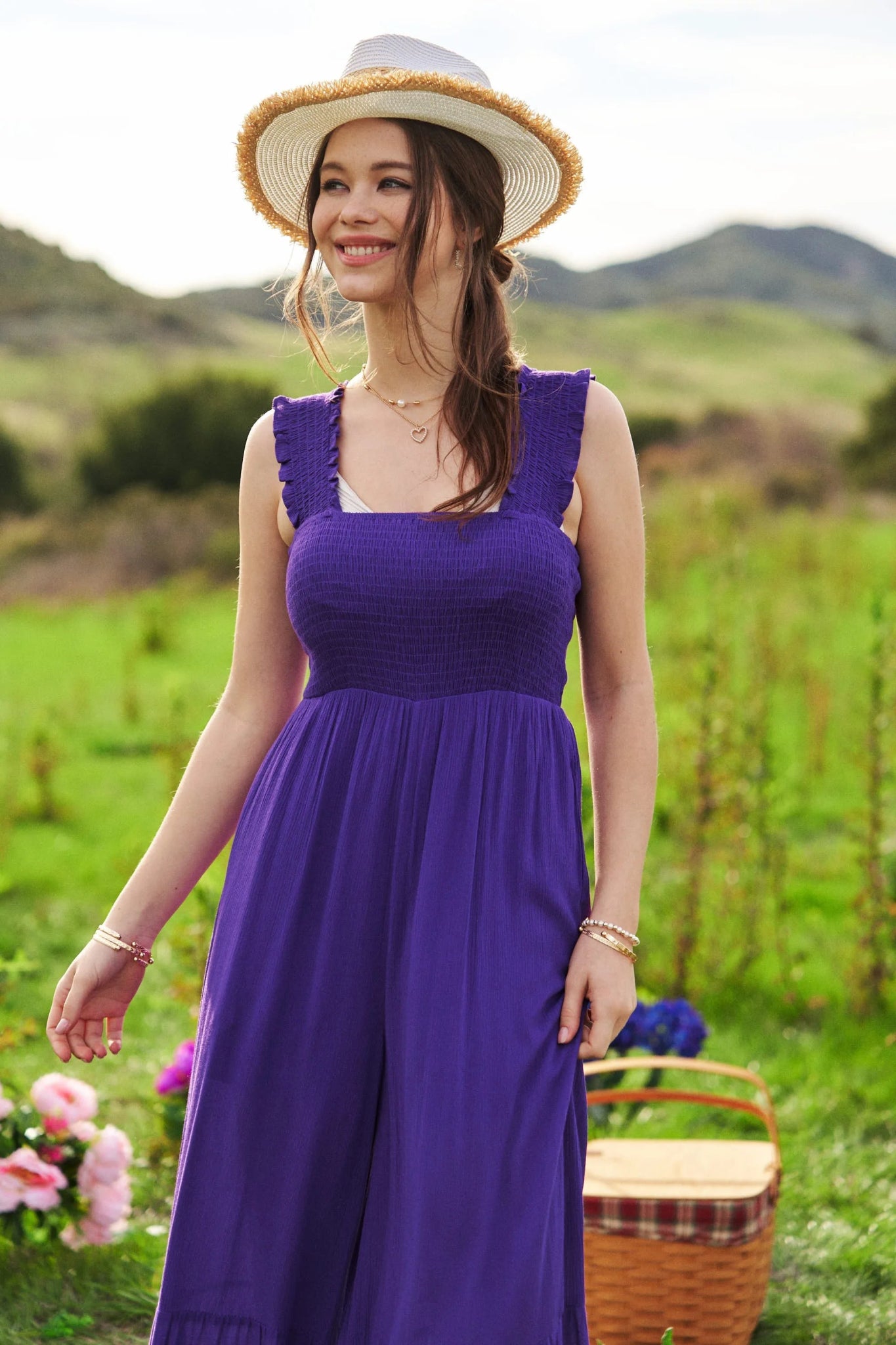 Davi & Dani Smocked Bodice Strap Ruffle Tie Belt Jumpsuit - Bitsy Gypsy Boutique