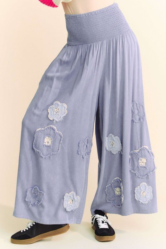 Davi & Dani Smocked Waist Flower Patch Wide Leg Pants - Bitsy Gypsy Boutique