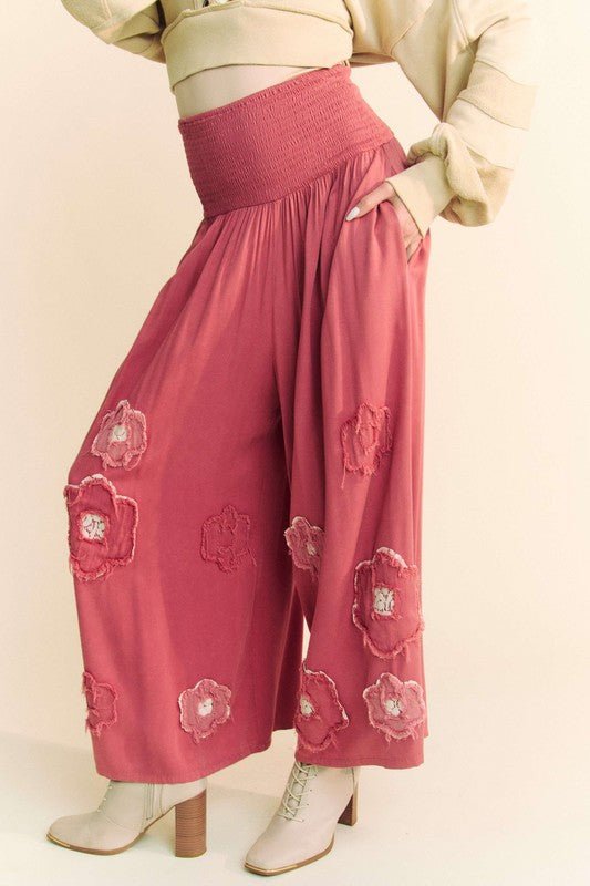 Davi & Dani Smocked Waist Flower Patch Wide Leg Pants - Bitsy Gypsy Boutique