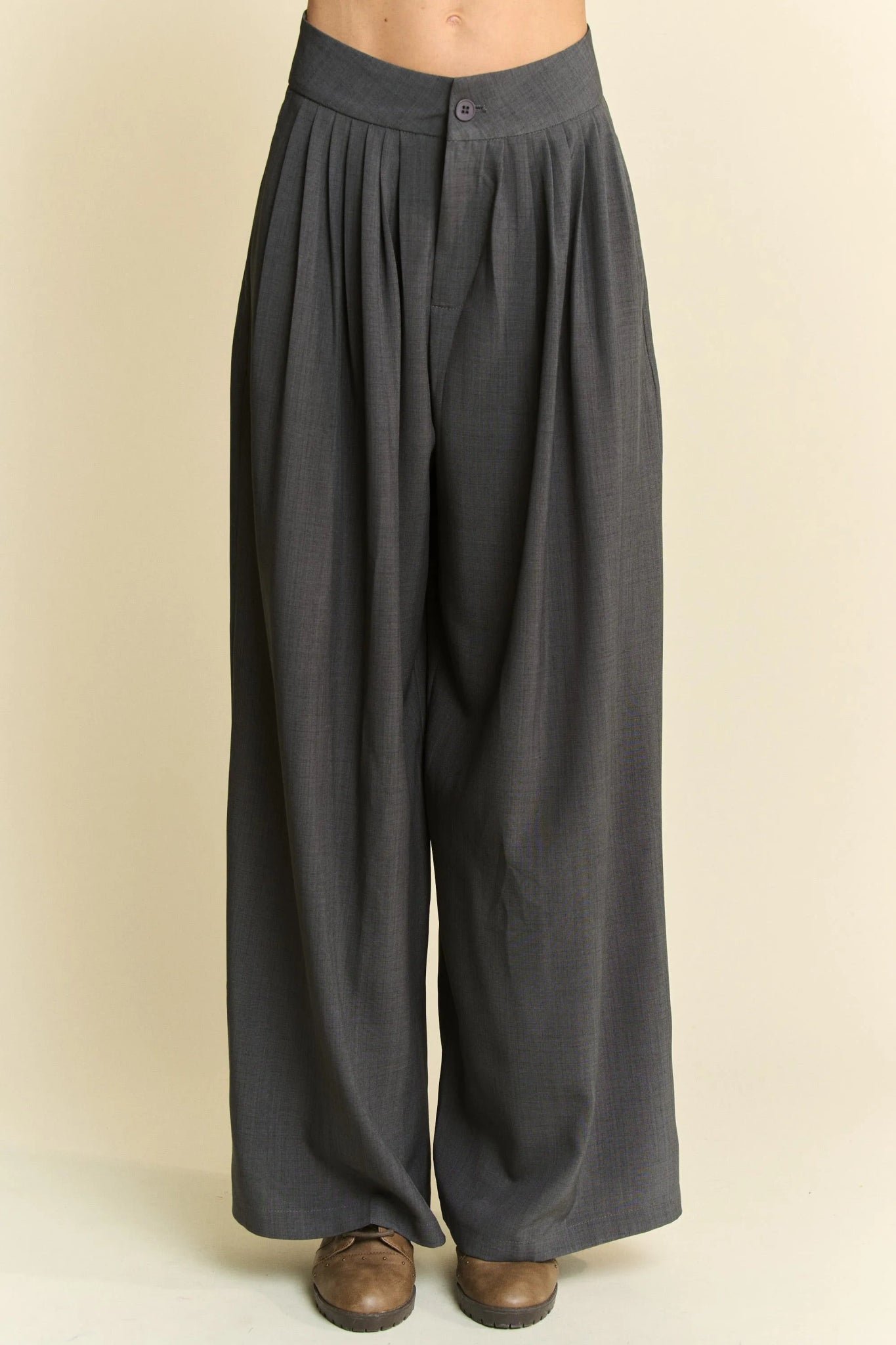 Davi & Dani Solid Back Pocket Shirring Detail Wide Leg Pants - Bitsy Gypsy Boutique