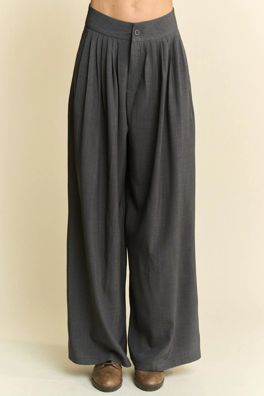 Davi & Dani Solid Back Pocket Shirring Detail Wide Leg Pants - Bitsy Gypsy Boutique