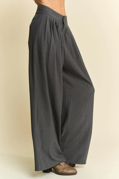 Davi & Dani Solid Back Pocket Shirring Detail Wide Leg Pants - Bitsy Gypsy Boutique