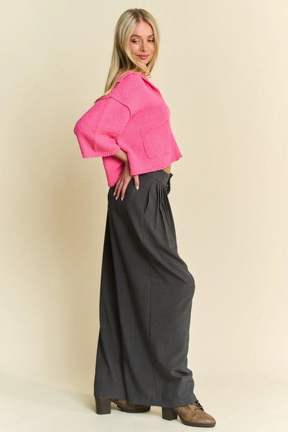 Davi & Dani Solid Back Pocket Shirring Detail Wide Leg Pants - Bitsy Gypsy Boutique