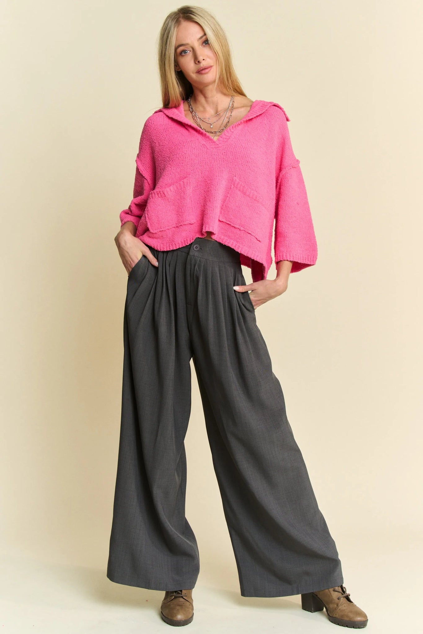 Davi & Dani Solid Back Pocket Shirring Detail Wide Leg Pants - Bitsy Gypsy Boutique