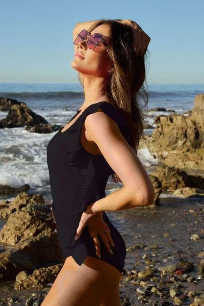 Davi & Dani Solid One Shoulder Ruffle One Piece Swimsuit - Bitsy Gypsy Boutique