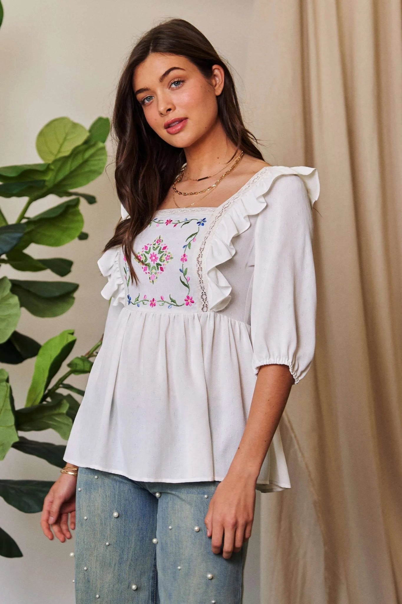 Davi & Dani Texture Tie Back Floral Embroidery Frill Blouse - Bitsy Gypsy Boutique