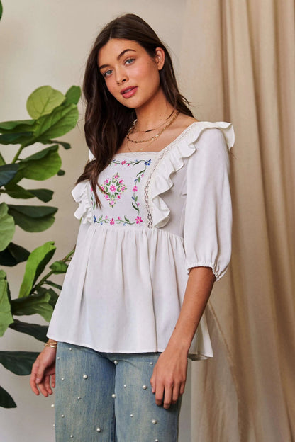 Davi & Dani Texture Tie Back Floral Embroidery Frill Blouse - Bitsy Gypsy Boutique