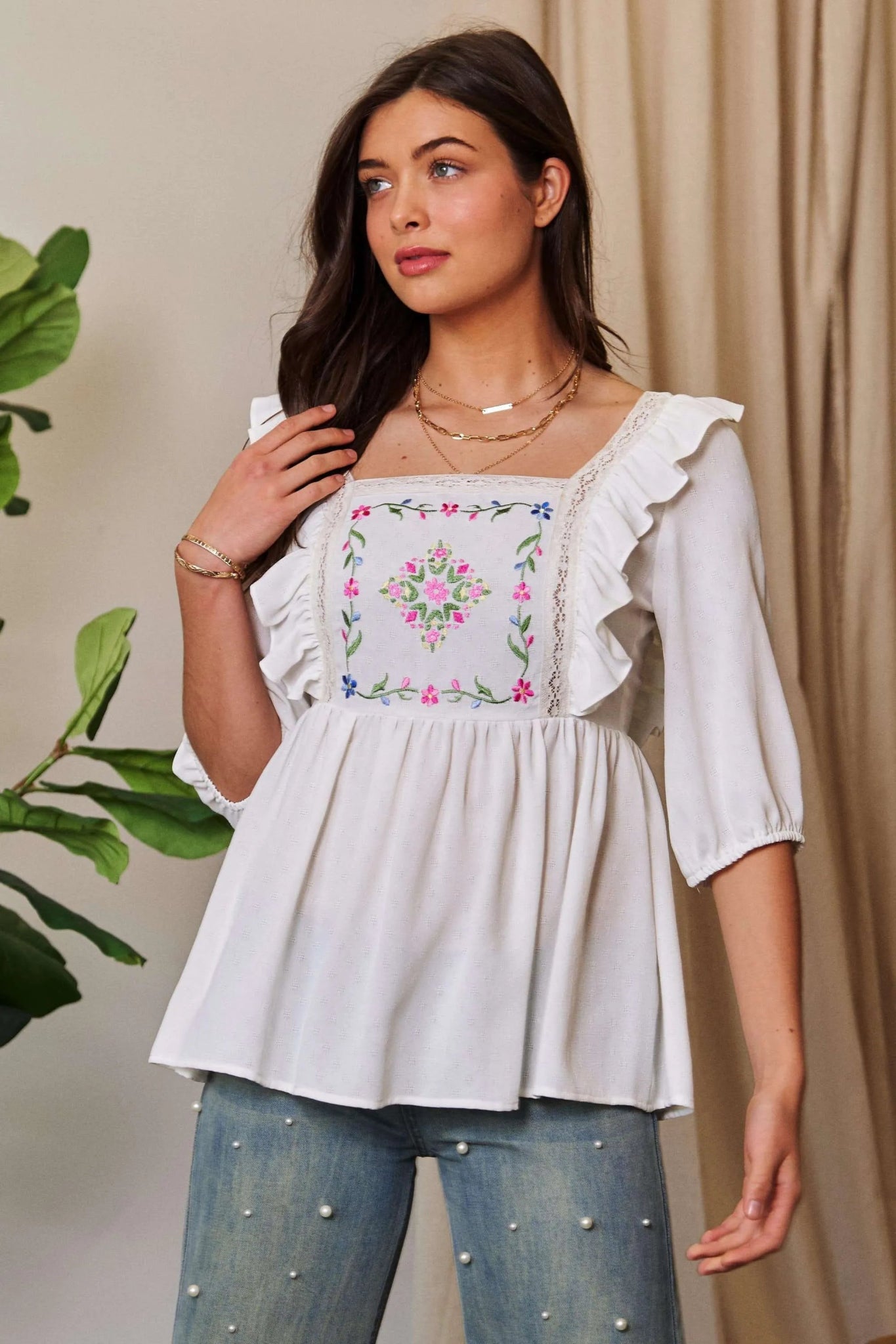 Davi & Dani Texture Tie Back Floral Embroidery Frill Blouse - Bitsy Gypsy Boutique