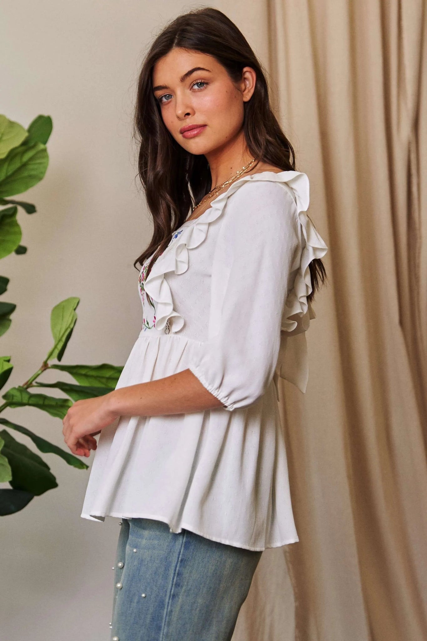 Davi & Dani Texture Tie Back Floral Embroidery Frill Blouse - Bitsy Gypsy Boutique