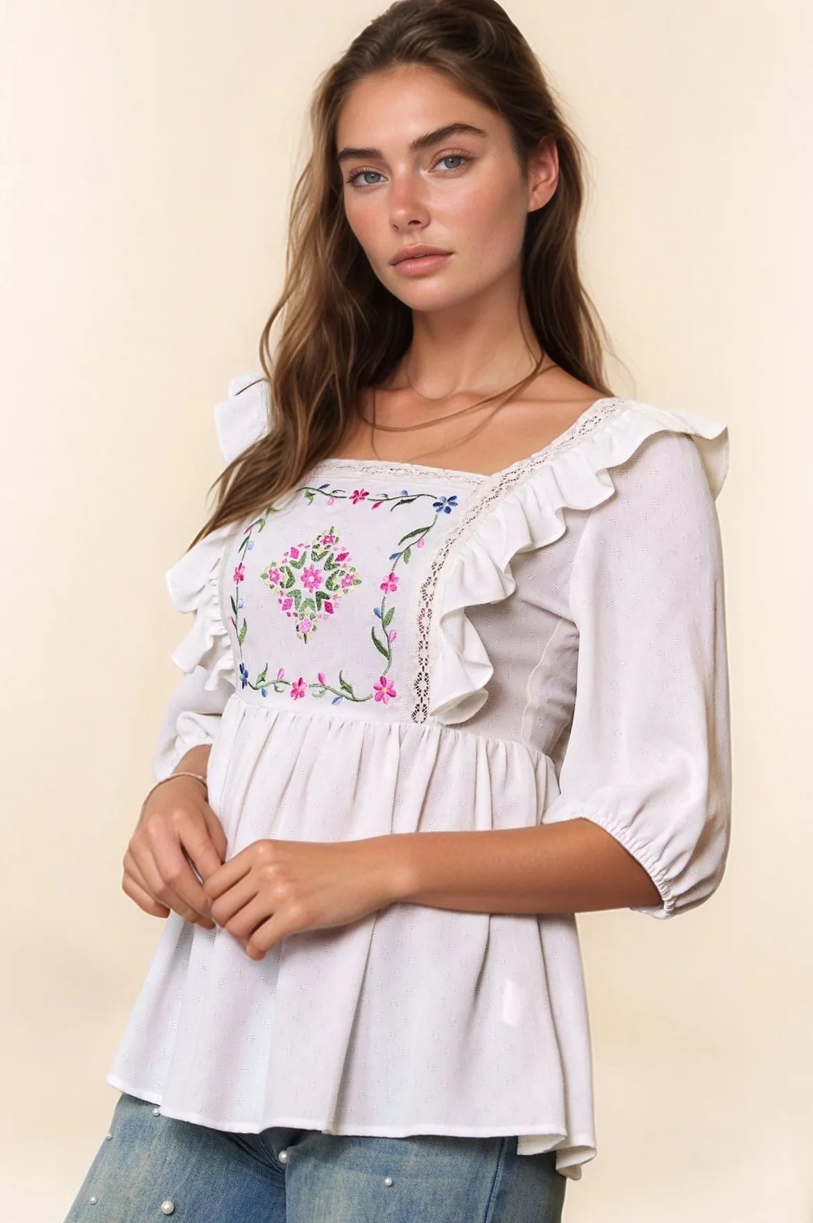 Davi & Dani Texture Tie Back Floral Embroidery Frill Blouse - Bitsy Gypsy Boutique