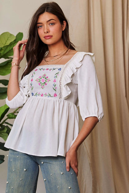 Davi & Dani Texture Tie Back Floral Embroidery Frill Blouse - Bitsy Gypsy Boutique