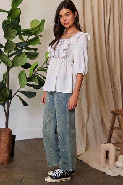 Davi & Dani Texture Tie Back Floral Embroidery Frill Blouse - Bitsy Gypsy Boutique