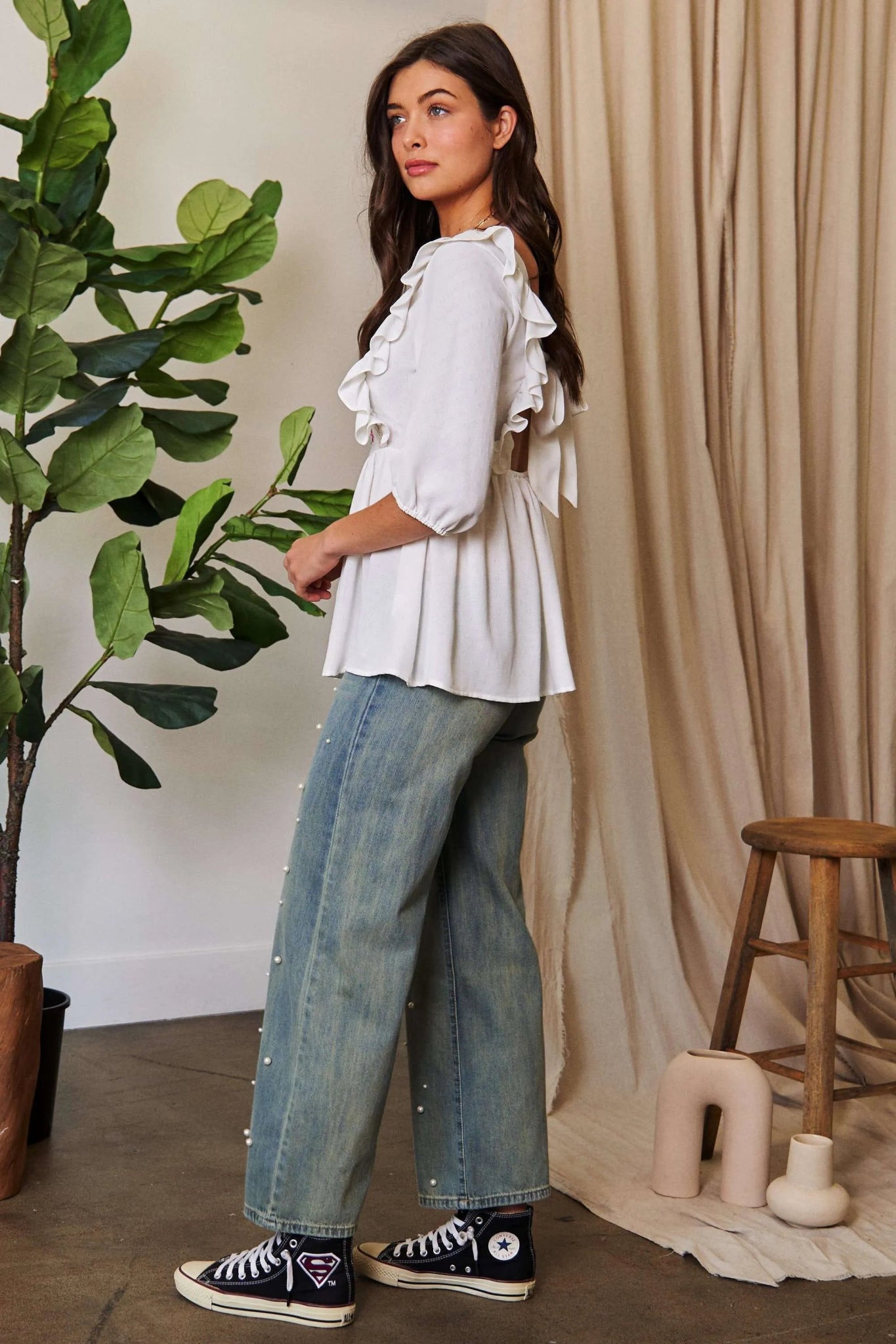 Davi & Dani Texture Tie Back Floral Embroidery Frill Blouse - Bitsy Gypsy Boutique