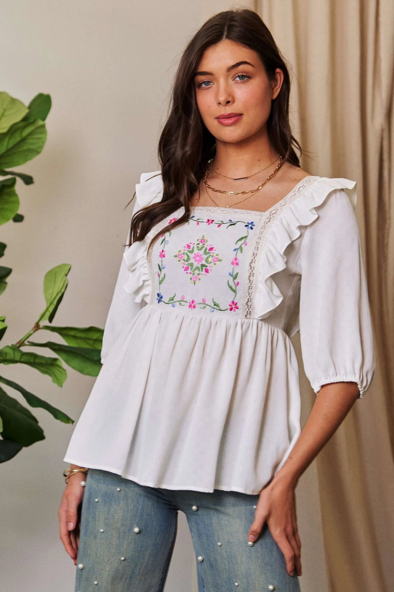 Davi & Dani Texture Tie Back Floral Embroidery Frill Blouse - Bitsy Gypsy Boutique