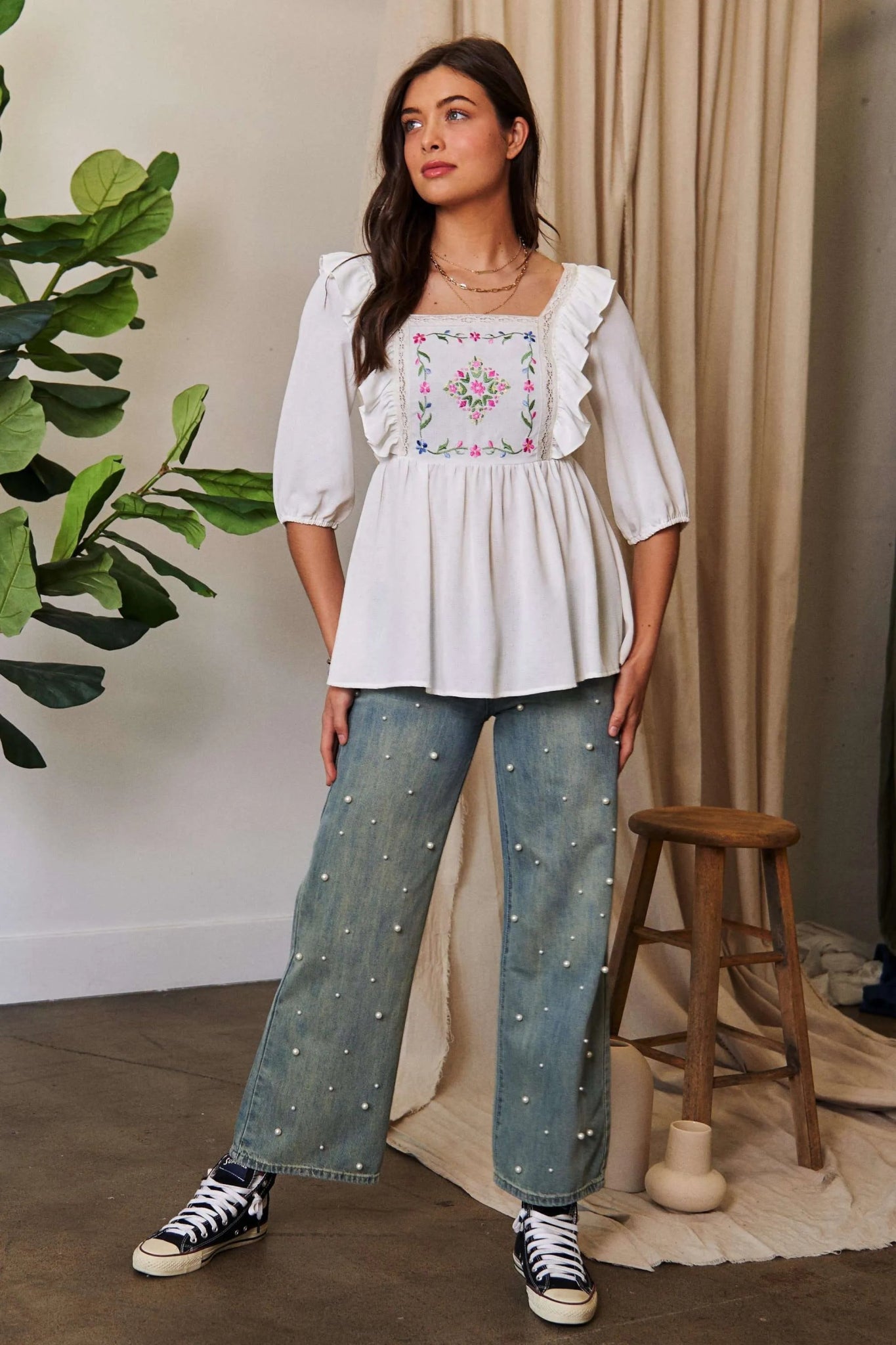 Davi & Dani Texture Tie Back Floral Embroidery Frill Blouse - Bitsy Gypsy Boutique