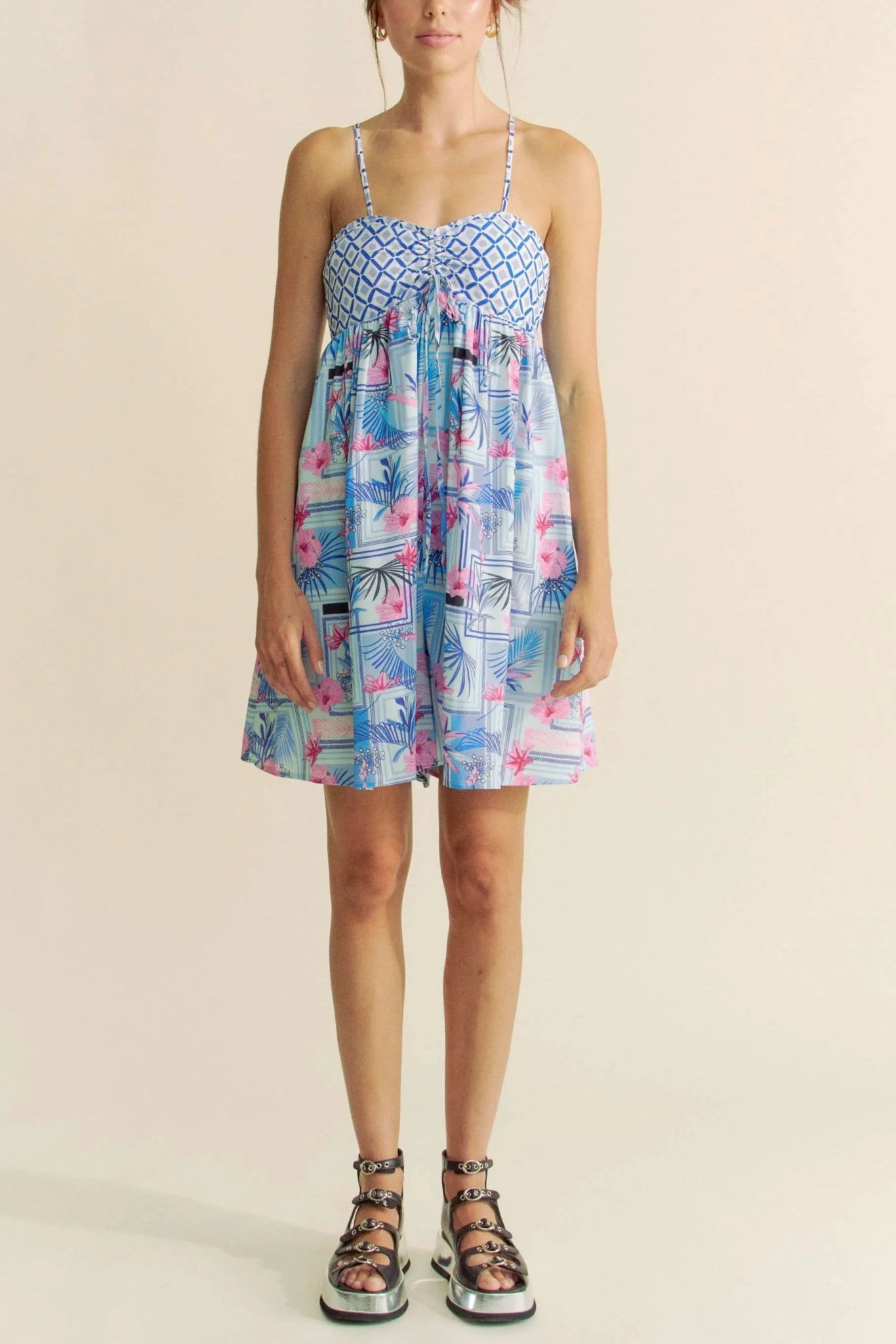 Davi & Dani Tropical Floral Geo Print Tie Back Tube Top Romper - Bitsy Gypsy Boutique