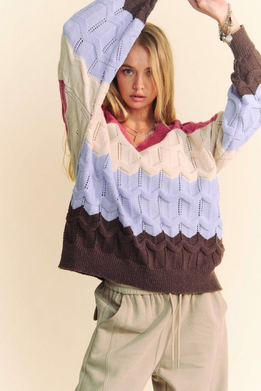 Davi & Dani Wavy Texture Color Block V - Neck Sweater - Bitsy Gypsy Boutique