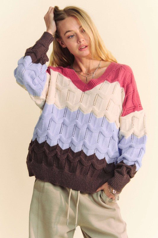 Davi & Dani Wavy Texture Color Block V - Neck Sweater - Bitsy Gypsy Boutique