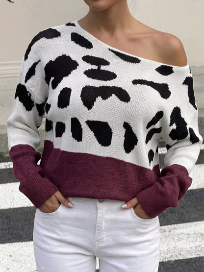 Full Size Leopard One Shoulder Sweater Plus Size by Trendsi