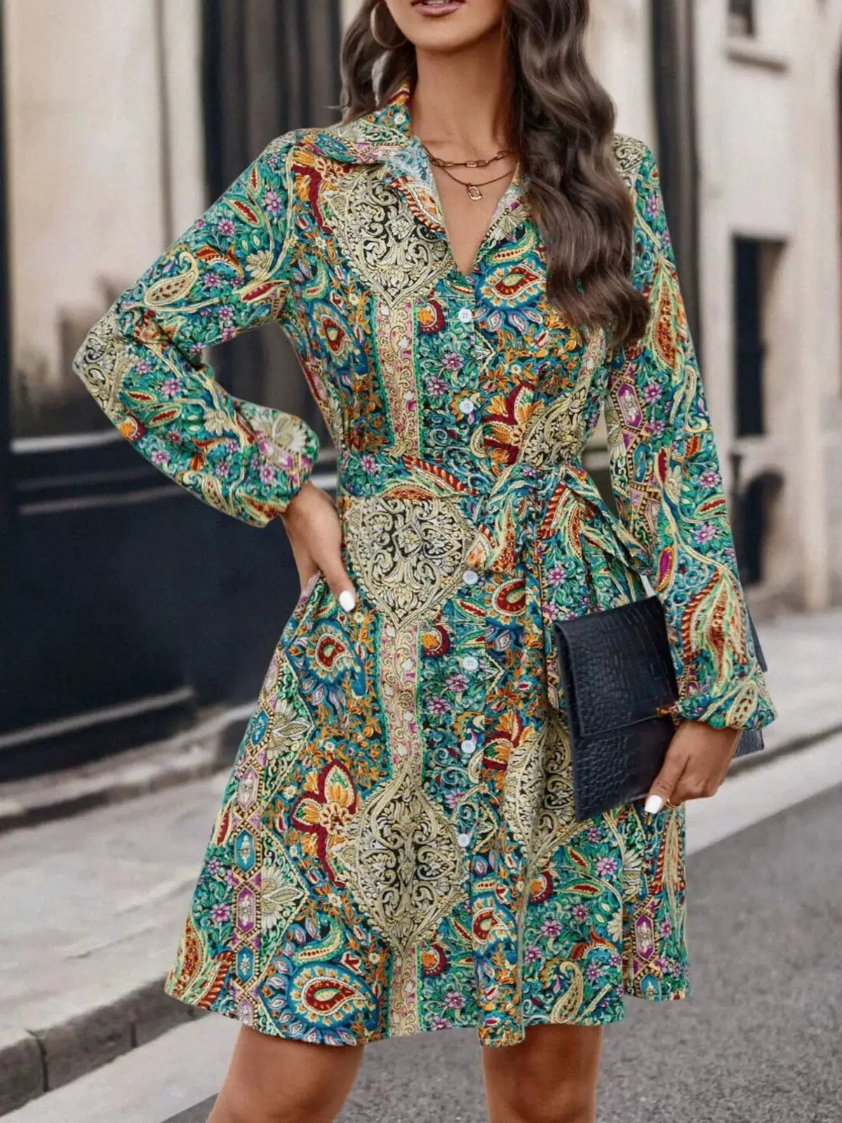 Paisley Print Button-Down Shirt Dress by Trendsi