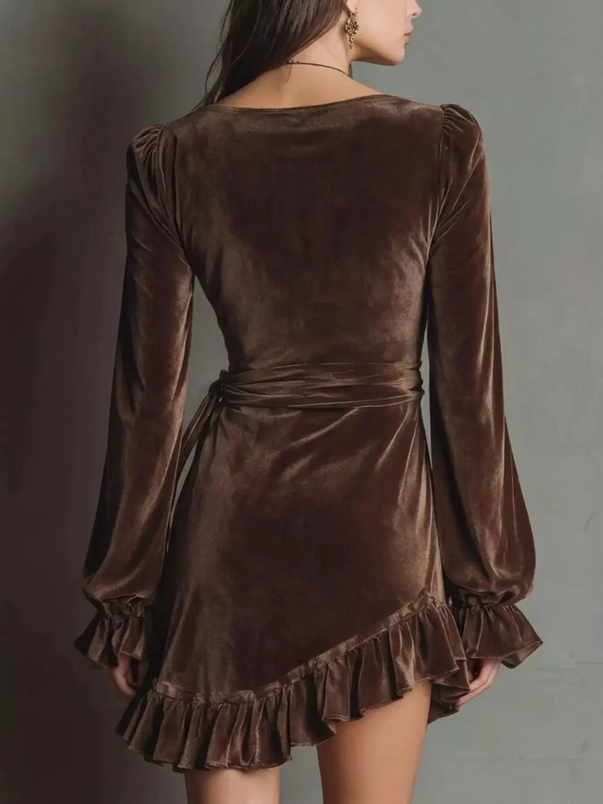 Velvet Surplice Flounce Sleeve Dress by Trendsi