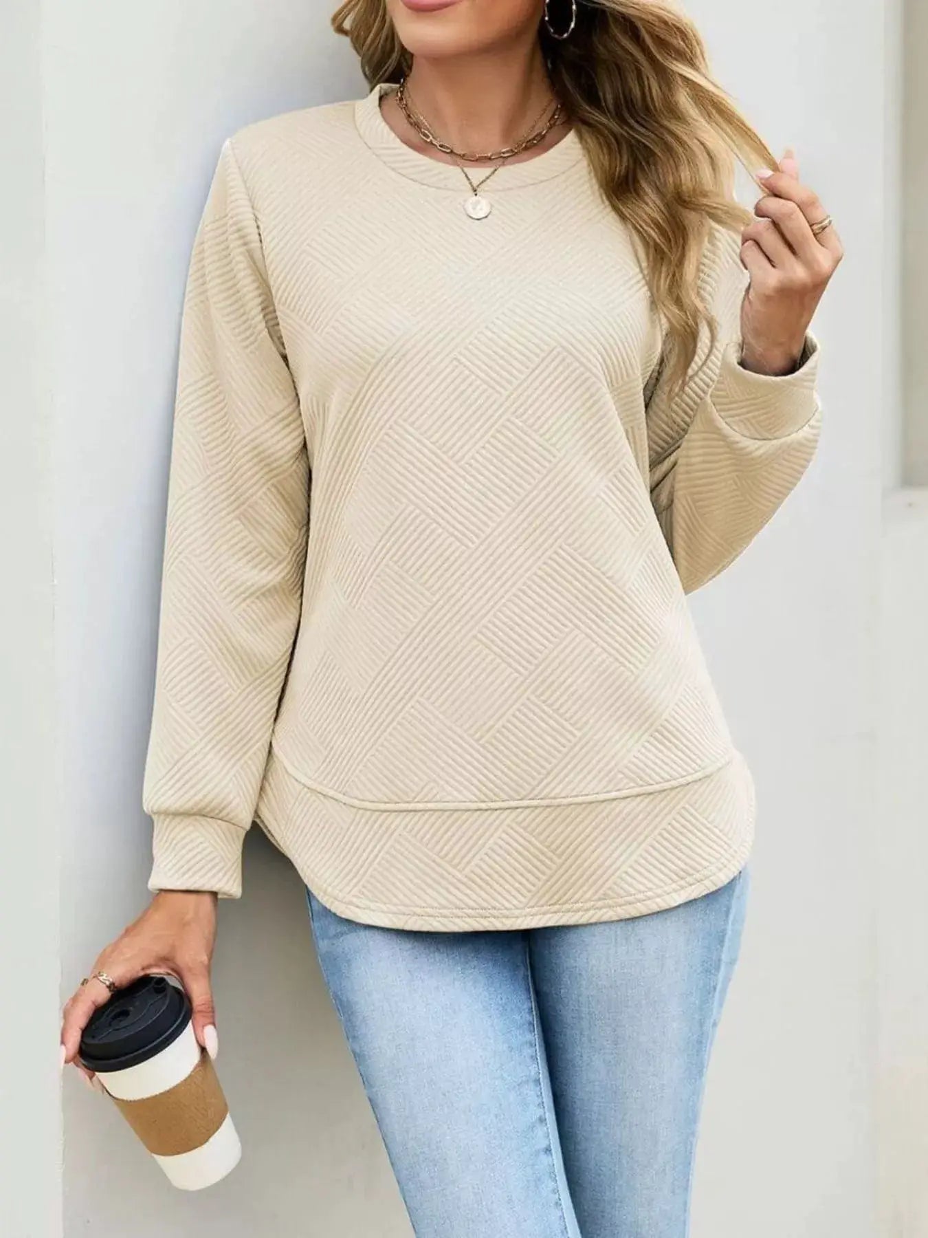 Textured Crew Neck Sweatshirt by Trendsi