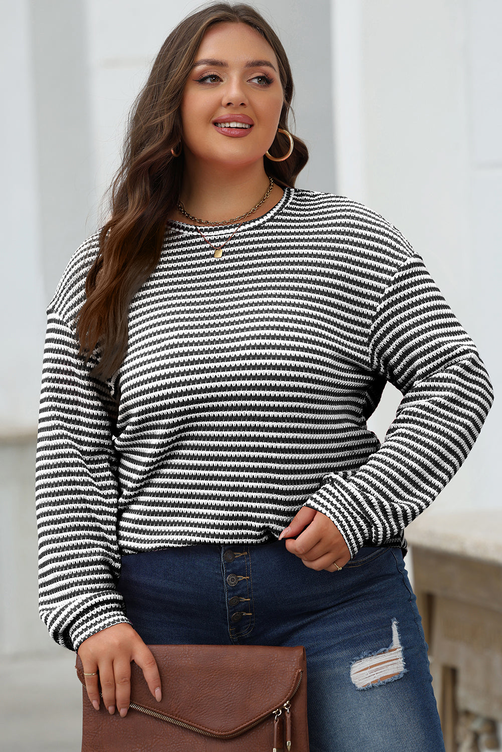 Khaki Stripe Round Neck Drop Shoulder Long Sleeve Top