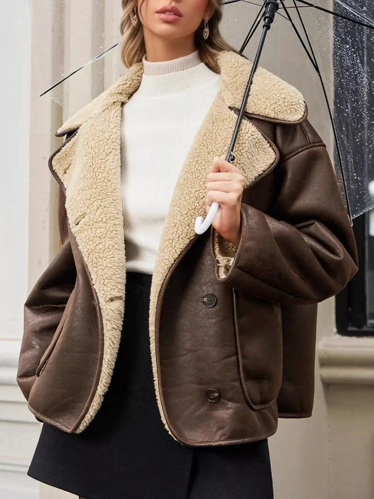 Sherpa Lined Button Down Outerwear by Trendsi