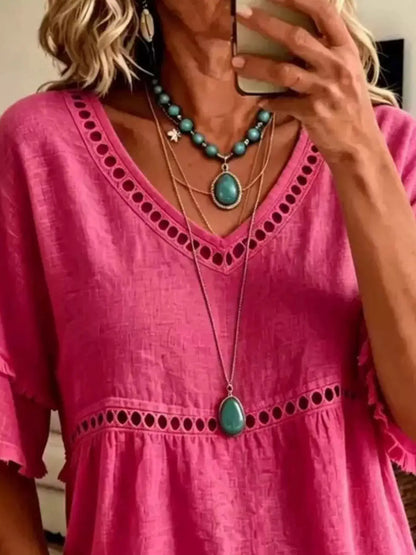 Eyelet V-Neck Frayed Edge T-Shirt by Trendsi