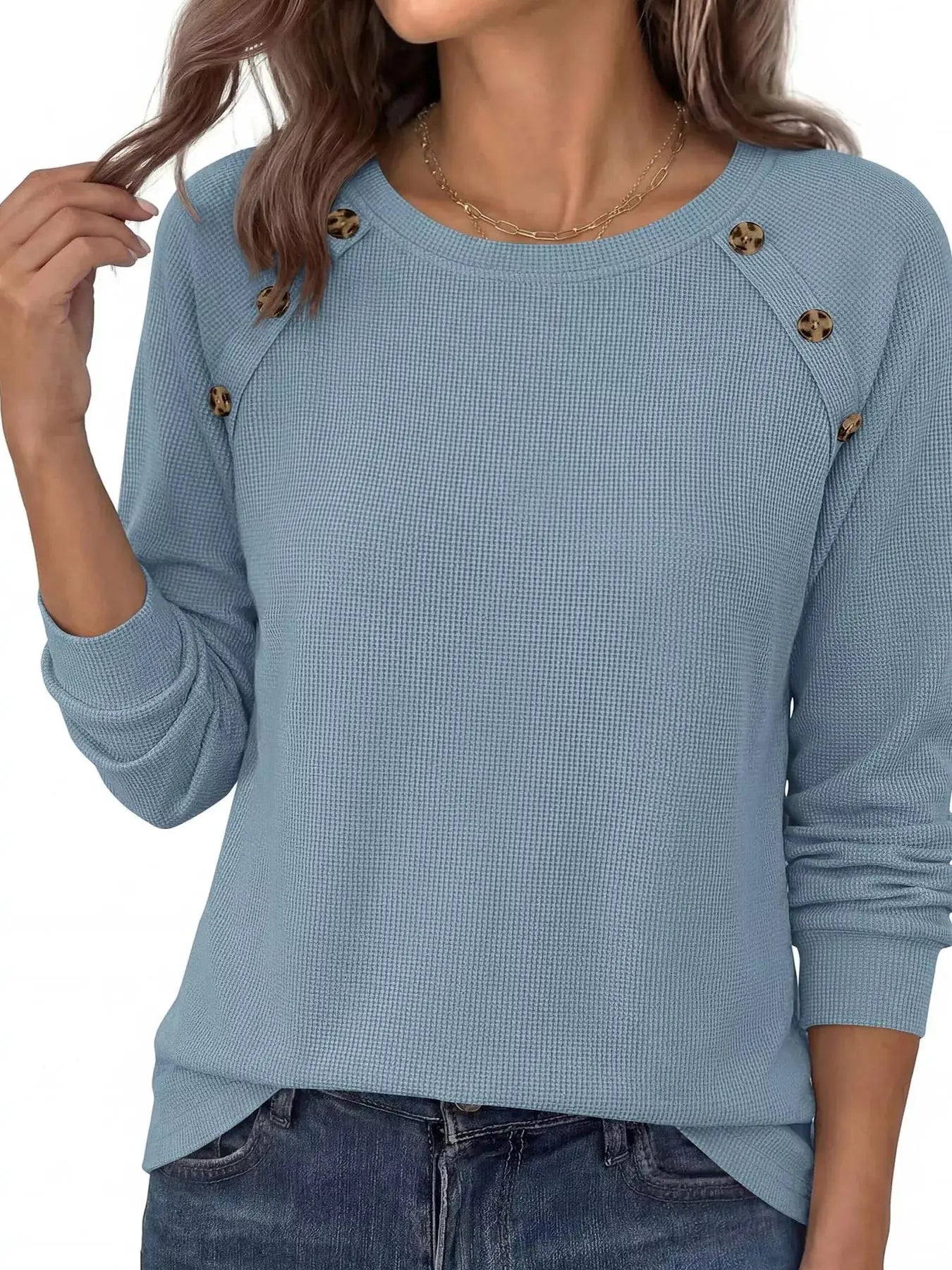 Decorative Button Waffle Knit Long Sleeve T-Shirt by Trendsi