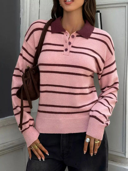Striped Polo Collar Dropped Shoulder Sweater by Trendsi