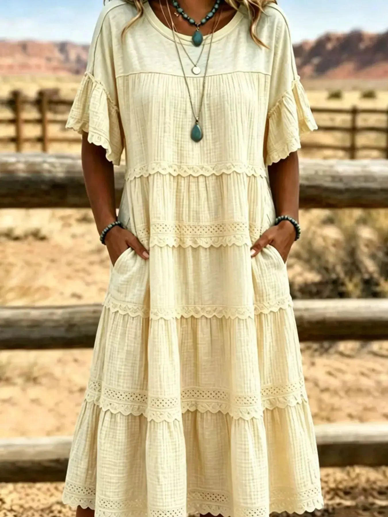 Full Size Tiered Ruffle Sleeve Midi Dress with Pockets Plus Size by Trendsi