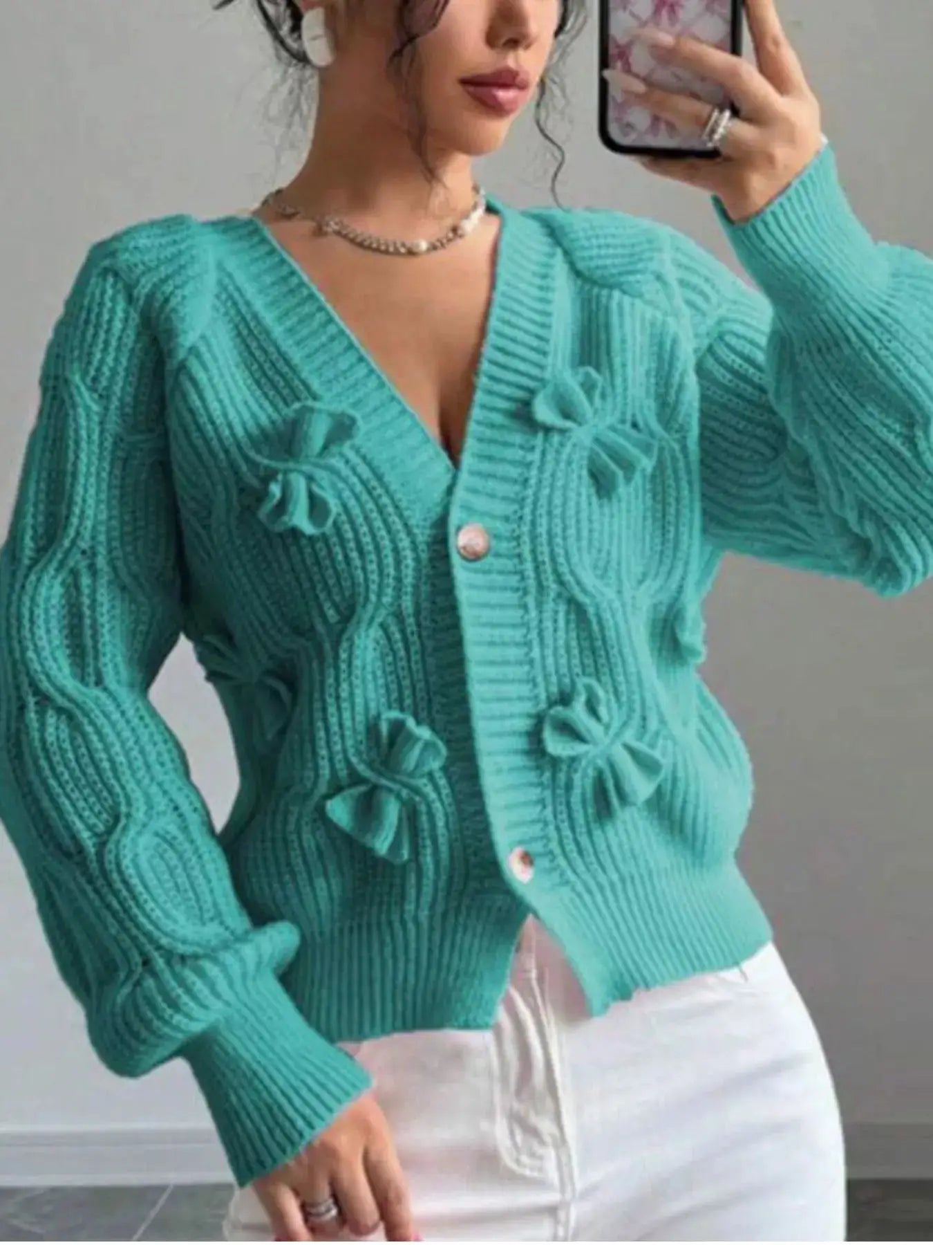 Bow Cable Knit V-Neck Cardigan by Trendsi