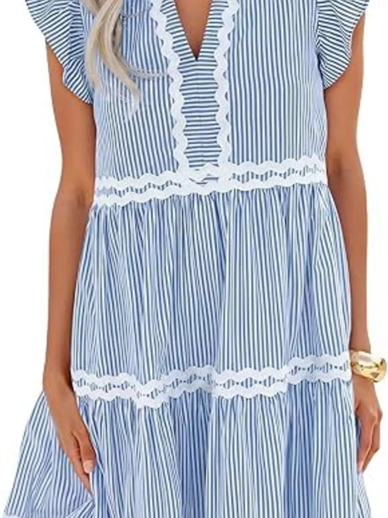 Striped Ruffle Sleeve Tiered Dress by Trendsi