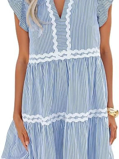 Striped Ruffle Sleeve Tiered Dress by Trendsi