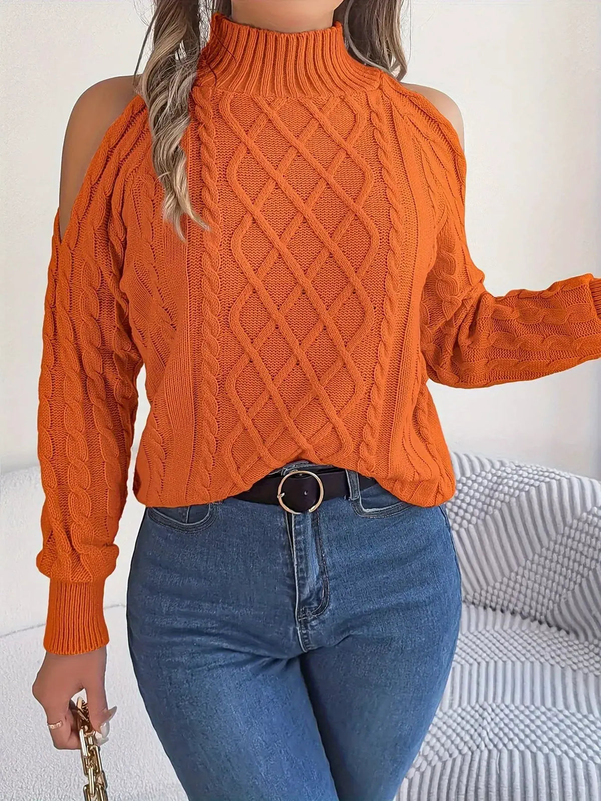 Cold-Shoulder Cable Knit Sweater by Trendsi