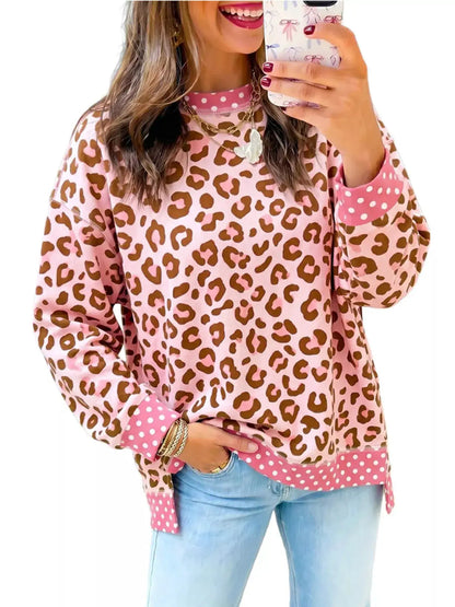 Side Slit Leopard Sweatshirt with Polka Dot Trim by Trendsi