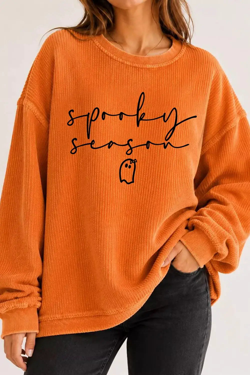 Spooky Season Ghost Letter Cozy Ribbed Pullover Sweatshirt by Trendsi