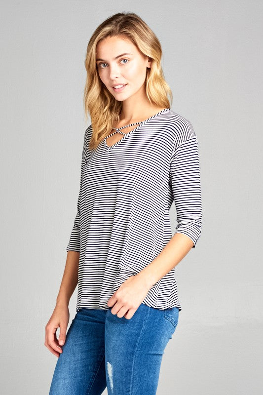 STRIPE JERSEY LACE UP NECK CASUAL TOP