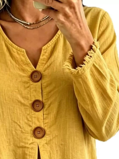 Full Size Frayed Hem Long Sleeve Blouse Plus Size by Trendsi