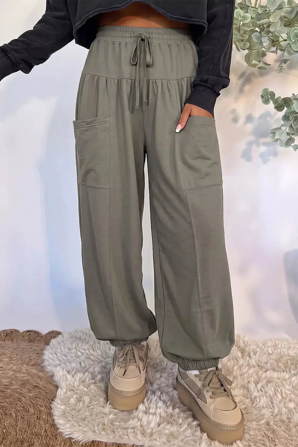 Elastic Waist Drawstring Wide Leg Full Length Pants by Trendsi