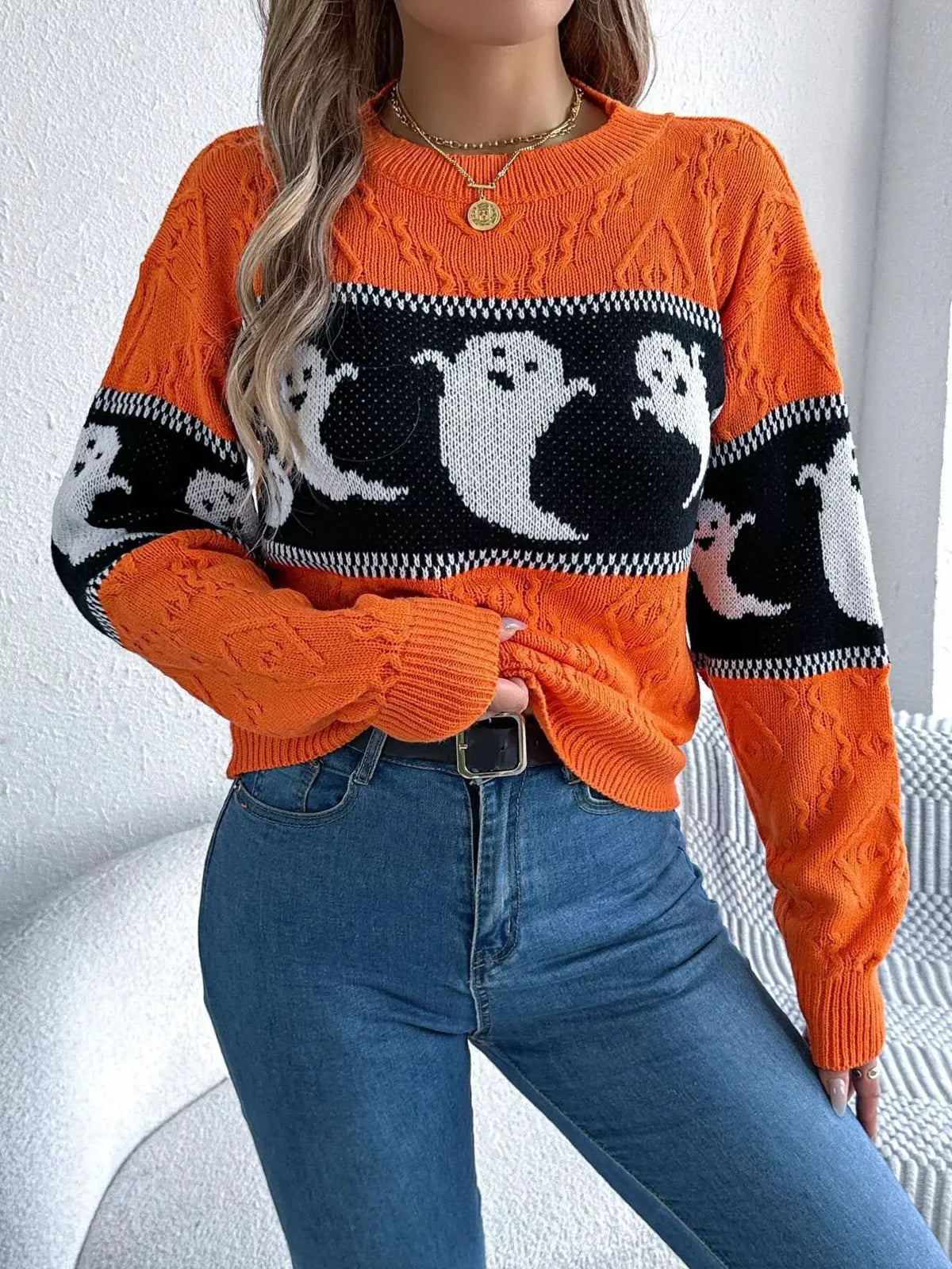 Halloween Ghost Pattern Textured Sweater by Trendsi