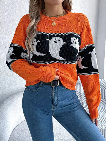 Halloween Ghost Pattern Textured Sweater by Trendsi