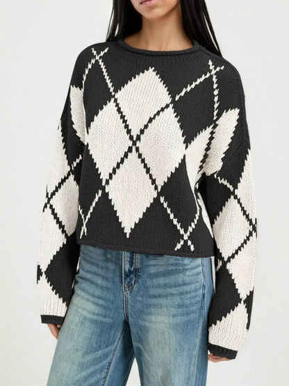 Argyle Pattern Knit Dropped Shoulder Sweater by Trendsi